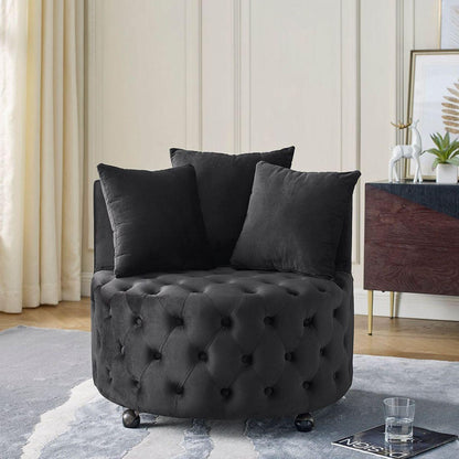 Velvet Upholstered Swivel Chair for Living Room, with Button Tufted Design and Movable Wheels, Including 3 Pillows, Black