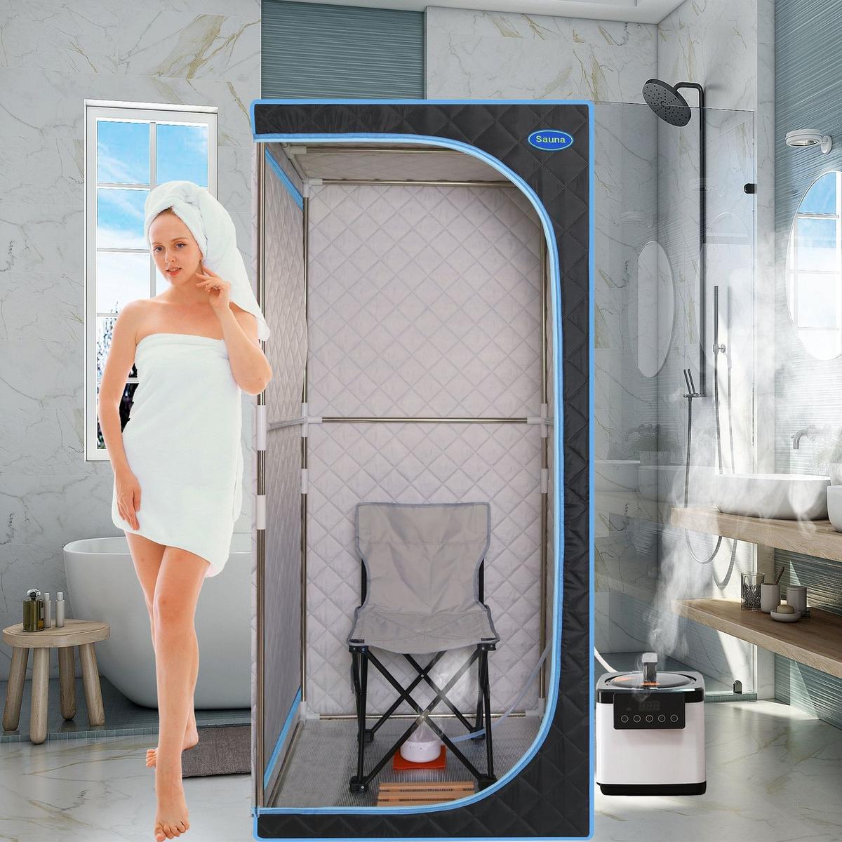 Portable Plus Type Full Size Steam Sauna tent. Spa, Detox, Therapy and Relaxation at home.Larger Space, Stainless Steel Pipes Connector Easy to Install, with FCC Certification--Black (Blue binding)