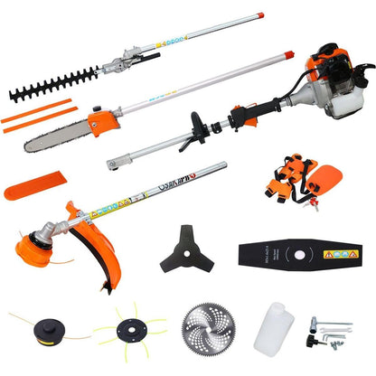 8 in 1 Multi-Functional Trimming Tool, 56CC 2-Cycle Garden Tool System with Gas Pole Saw, Hedge Trimmer, Grass Trimmer, and Brush Cutter EPA Compliant