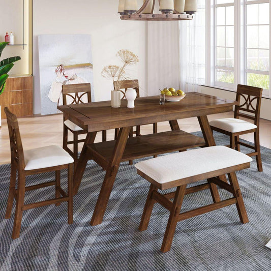 6-Piece Wood Counter Height Dining Table Set with Storage Shelf, Kitchen Table Set with Bench and 4 Chairs,Rustic Style, Walnut+Beige Cushion