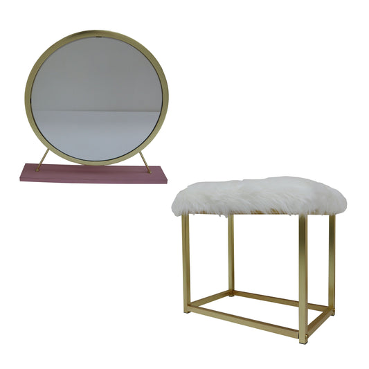 Adao Vanity Mirror & Stool, Faux Fur, Mirror, Pink & Gold Finish