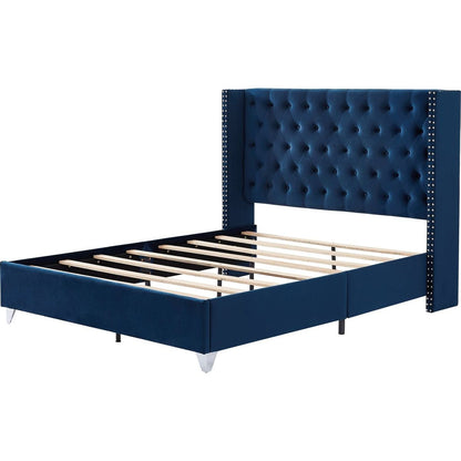 Queen bed, Button designed Headboard, strong wooden slats + metal legs with Electroplate