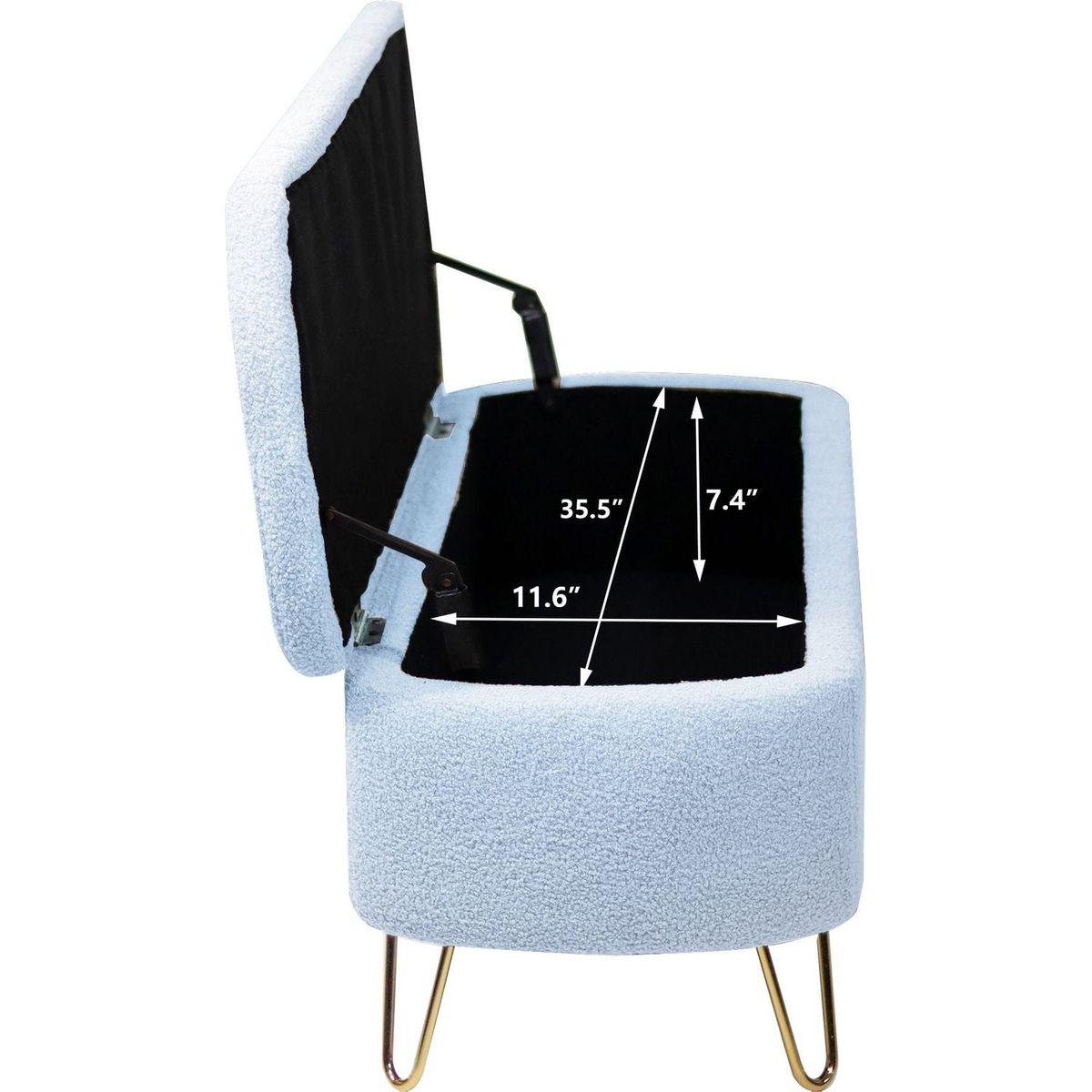 Blue Storage Ottoman Bench for End of Bed Gold Legs, Modern Grey Faux Fur Entryway Bench Upholstered Padded with Storage for Living Room Bedroom