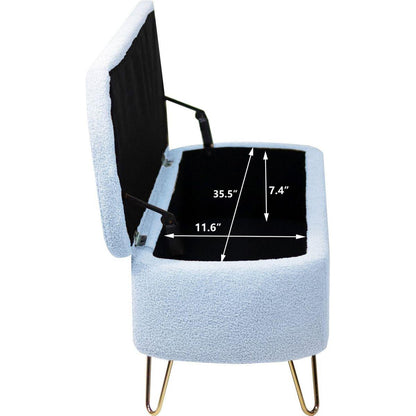Blue Storage Ottoman Bench for End of Bed Gold Legs, Modern Grey Faux Fur Entryway Bench Upholstered Padded with Storage for Living Room Bedroom