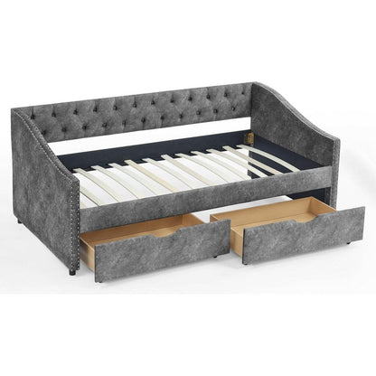 Twin Size Daybed with Drawers Upholstered Tufted Sofa Bed, with Button on Back and Copper Nail on Waved Shape Armsrey1.5"41"30.5"