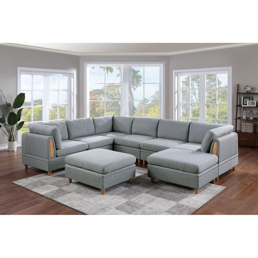 Living Room Furniture 8pc Sectional Sofa Set Light Grey Dorris Fabric Couch 3x Wedges 3x Armless Chair And 2x Ottomans