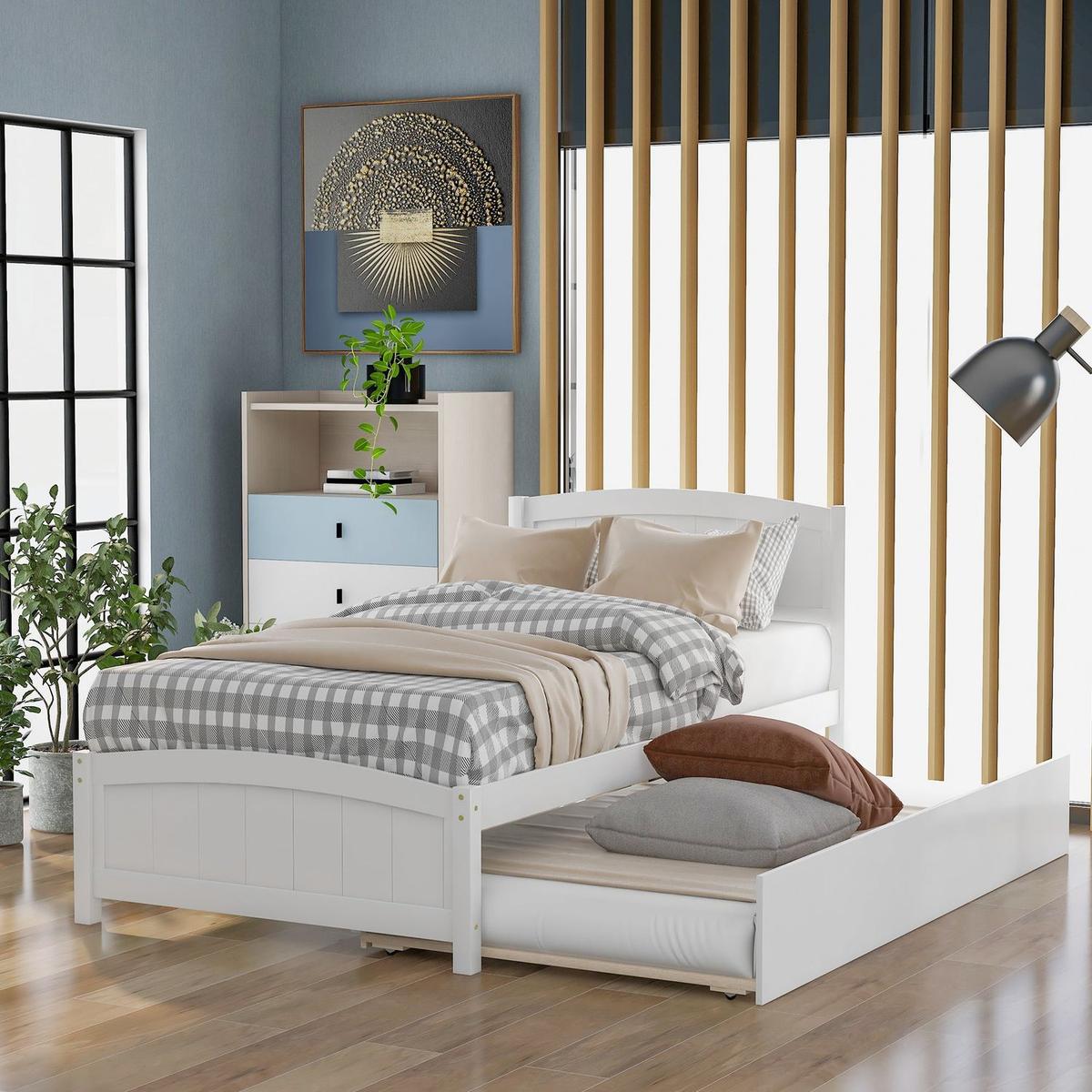 Twin size Platform Bed with Trundle, White - Streamdale Furniture