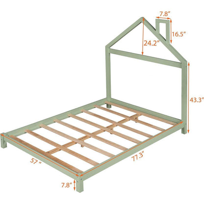 Full Size Wood Platform Bed with House-shaped Headboard (Green)