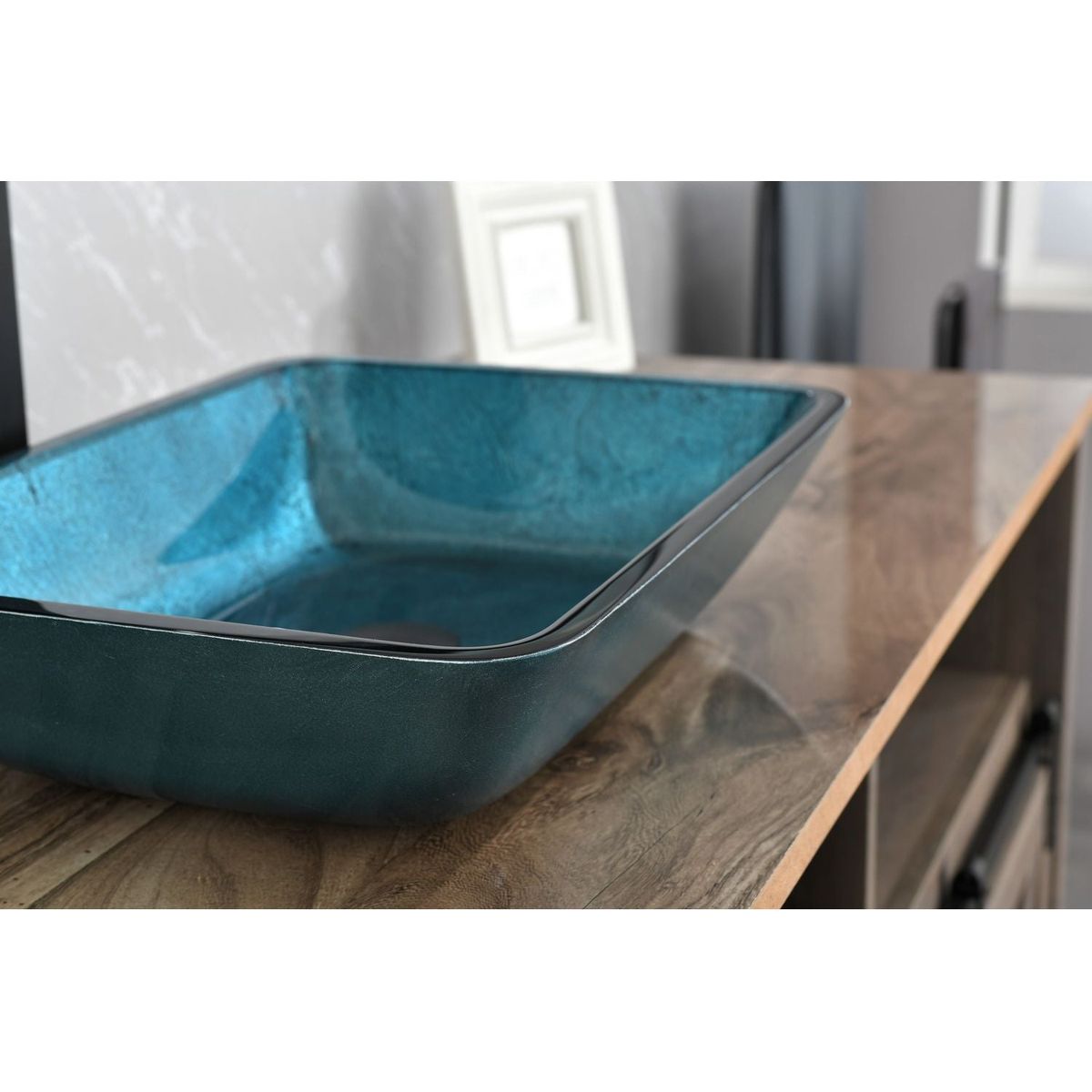 18.125" L -13.0" W -12.0" H Handmade Countertop Glass Rectangular Vessel Bathroom Sink Set in Blue Glass with Matte Black Single-Handle Single Hole Faucet and Pop Up Drain