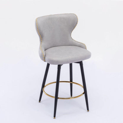 Counter Height 25" Modern Leathaire Fabric bar chairs, 180 degree Swivel Bar Stool Chair for Kitchen, Tufted Gold Nailhead Trim Bar Stools with Metal Legs, Set of 2 (Light Gray)