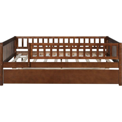 Full Size Wood Daybed with Trundle and Fence Guardrails, Walnut