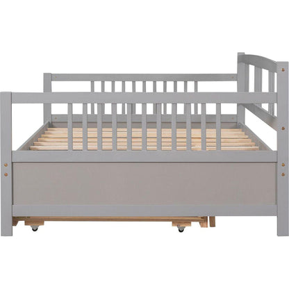 Full Size Daybed Wood Bed with Twin Size Trundle, Gray