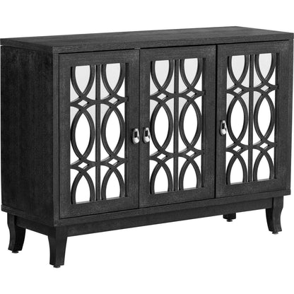 Sideboard with Glass Doors, 3 Door Mirrored Buffet Cabinet with Silver Handle for Living Room, Hallway, Dining Room (Black)