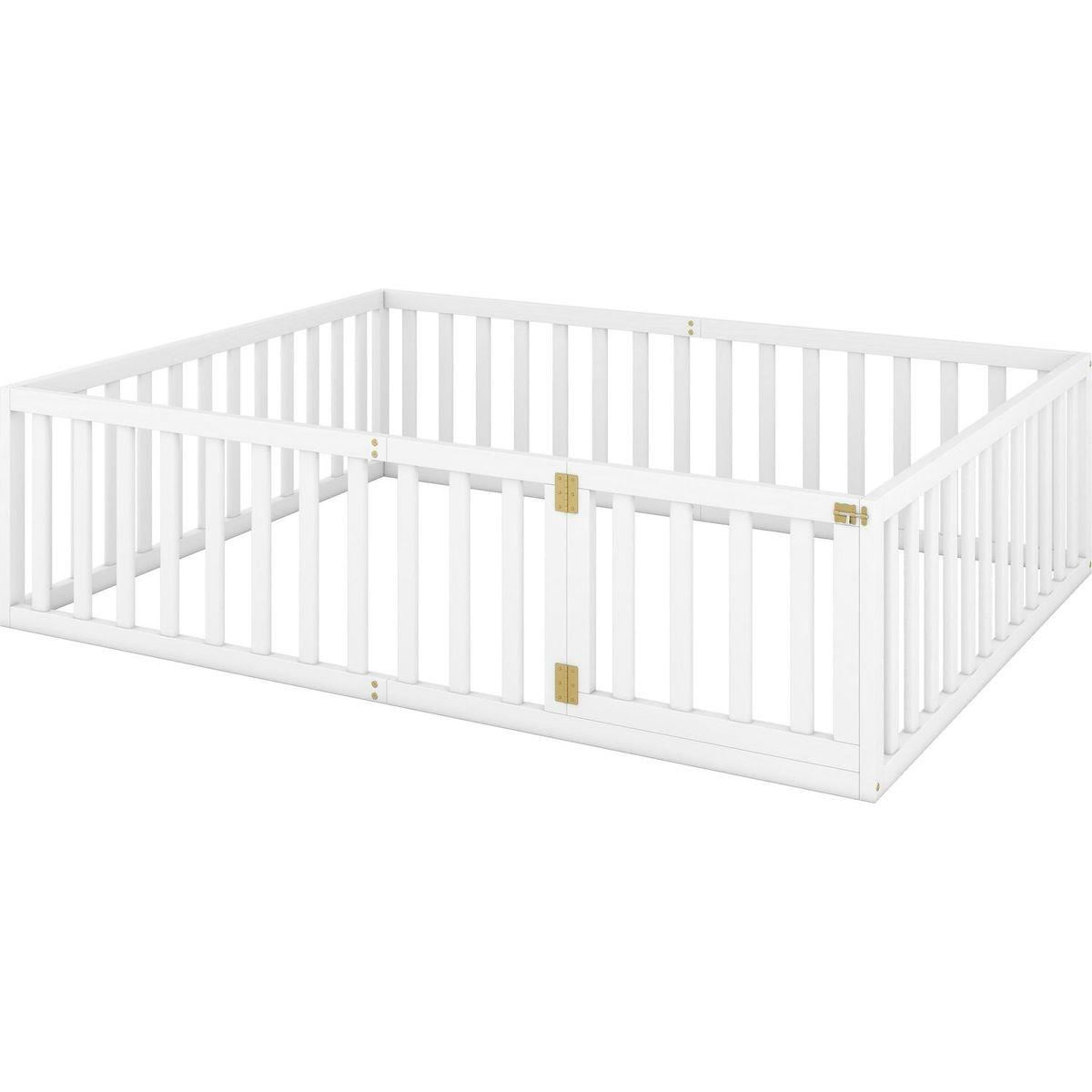 Queen Size Wood Floor Bed Frame with Fence and Door, White