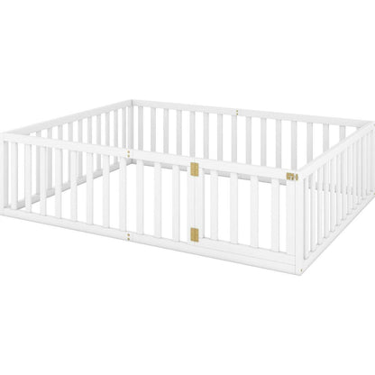 Queen Size Wood Floor Bed Frame with Fence and Door, White