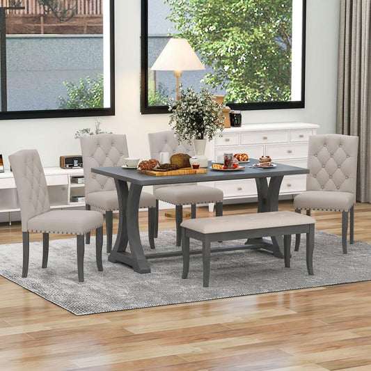 6-Piece Farmhouse Dining Table Set, Rectangular Trestle Table and 4 Upholstered Chairs & Bench for Dining Room (Antique Gray) - Streamdale Furniture