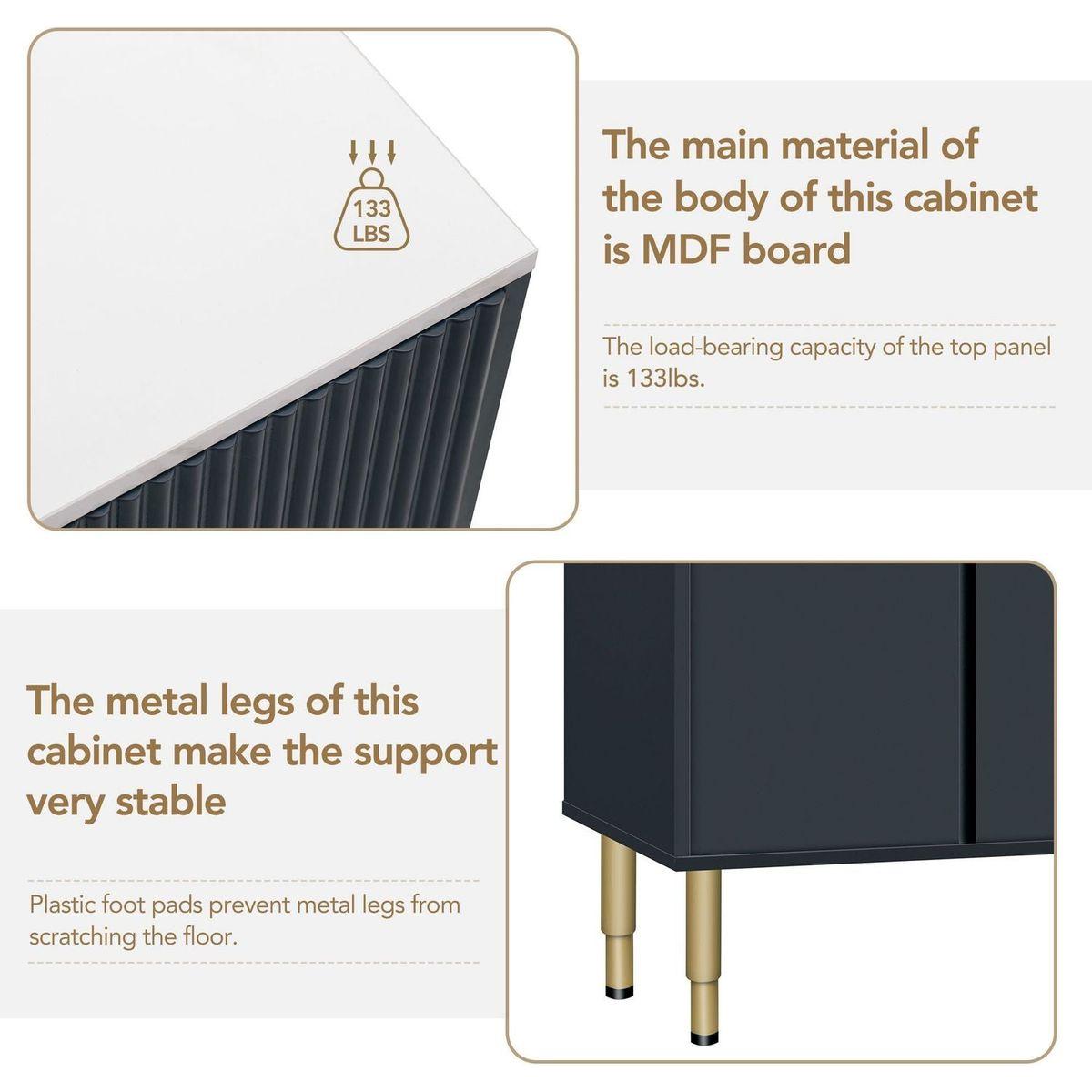 Modern Sideboard MDF Buffet Cabinet Marble Sticker Tabletop and Amber-yellow Tempered Glass Doors with Gold Metal Legs & Handles (Navy Blue)