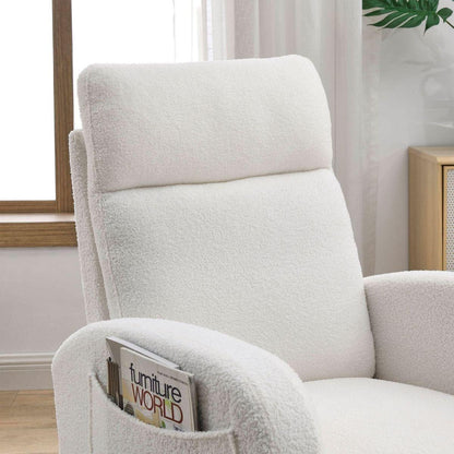 27.6"W Modern Accent High Backrest Living Room Lounge Arm Rocking Chair, Two Side Pocket, Teddy White (Ivory)