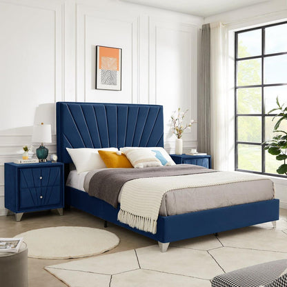 Full bed with one nightstand, Beautiful line stripe cushion headboard, strong wooden slats + metal legs with Electroplate