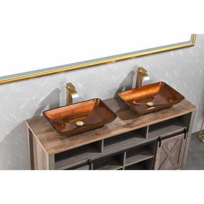 22.5" L -L -14.5" W -4 1/2 in. Handmade Glass Rectangle Vessel Bathroom Sink Set in Rich Chocolate Brown Finish with gold Faucet and gold Pop Up Drain