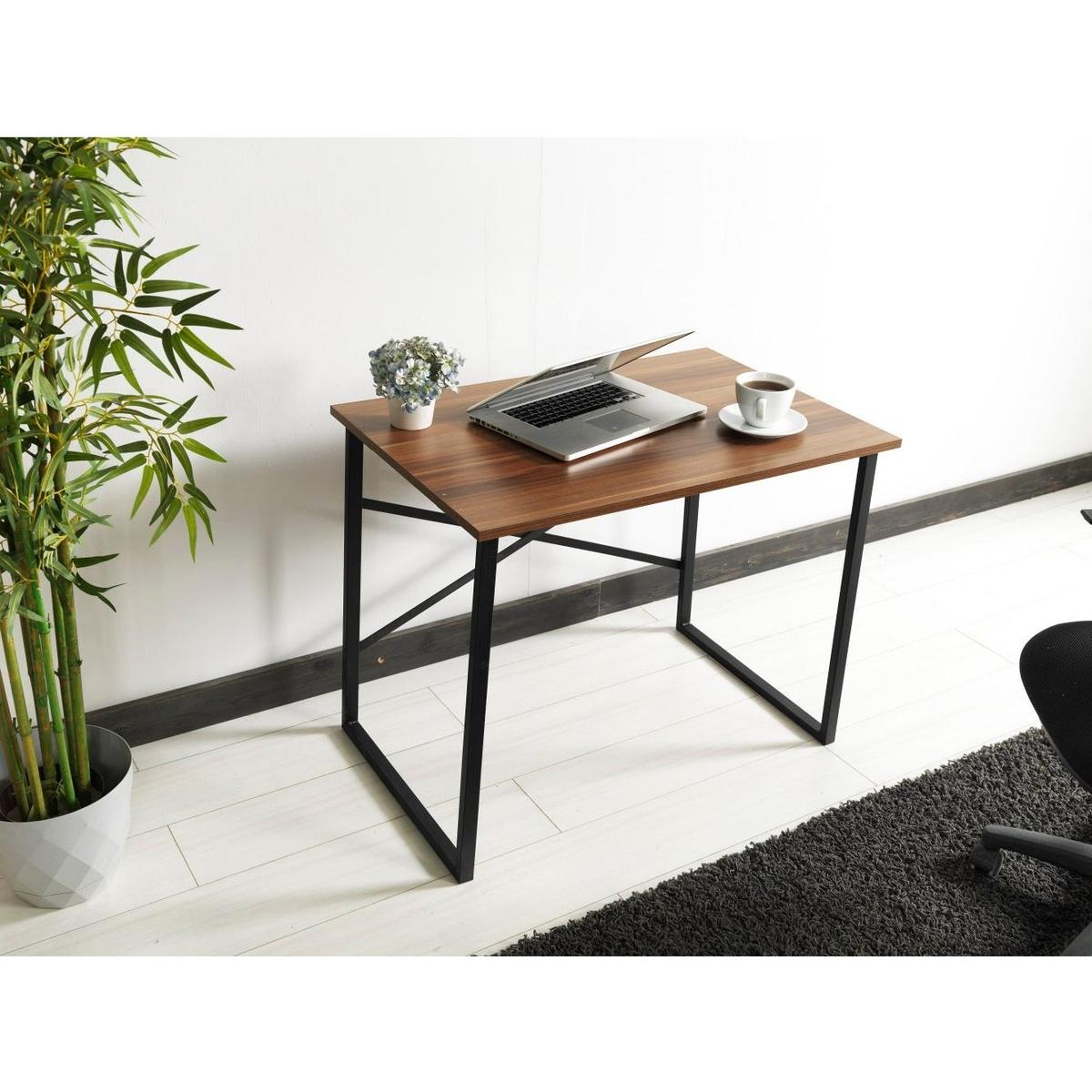 Furnish Home Store Lator Black Metal Frame 35" Wooden Top Small Writing and Computer Desk for Teens Bedroom, Walnut