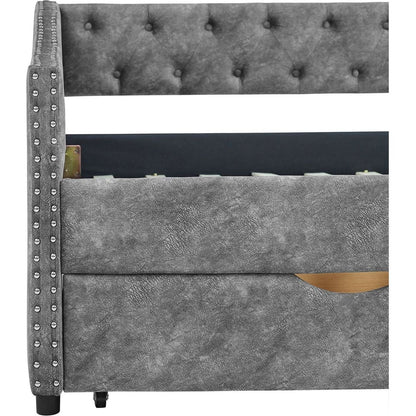 Twin Size Daybed with Drawers Upholstered Tufted Sofa Bed, with Button on Back and Copper Nail on Waved Shape Armsrey1.5"41"30.5"