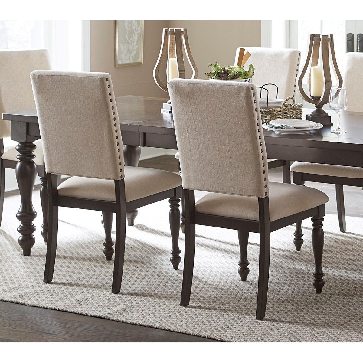 Fabric Upholstery Side Chairs 2pc Set Grayish Brown Finish Wood Frame Nailhead Trim Turned Legs Dining Furniture