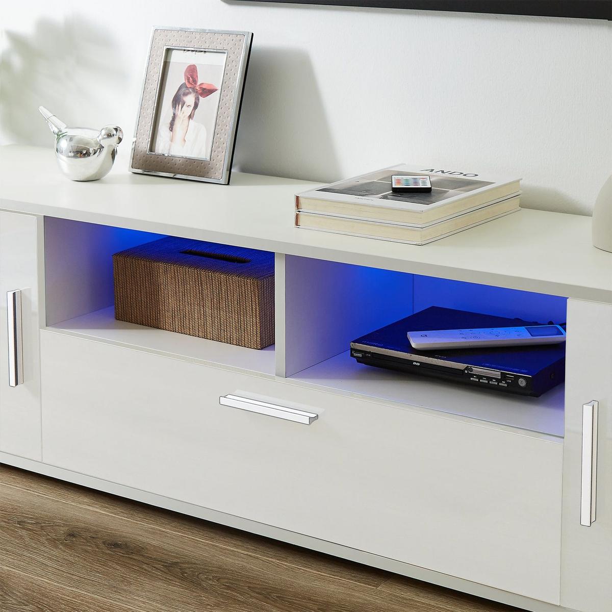 QUICK ASSEMBLE WHITE modern TV Stand, only 20 minutes to finish assemble, with LED Lights, high glossy front TV Cabinet, can be assembled in Lounge Room, Living Room or Bedroom, color:WHITE