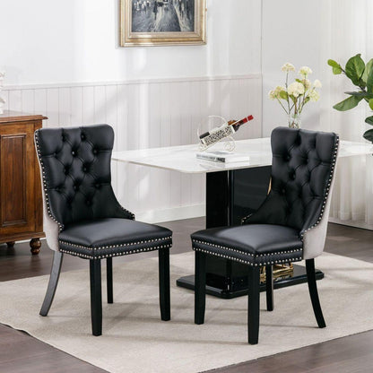 Nikki Collection Modern, High-end Tufted Solid Wood Contemporary PU and Velvet Upholstered Dining Chair with Wood Legs Nailhead Trim 2-Pcs Set Black+Gray