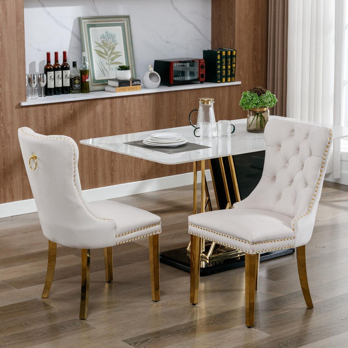 Nikki Collection Modern, High-end Tufted Solid Wood Contemporary Velvet Upholstered Dining Chair with Golden Stainless Steel Plating Legs,Nailhead Trim,Set of 2,Beige and Gold