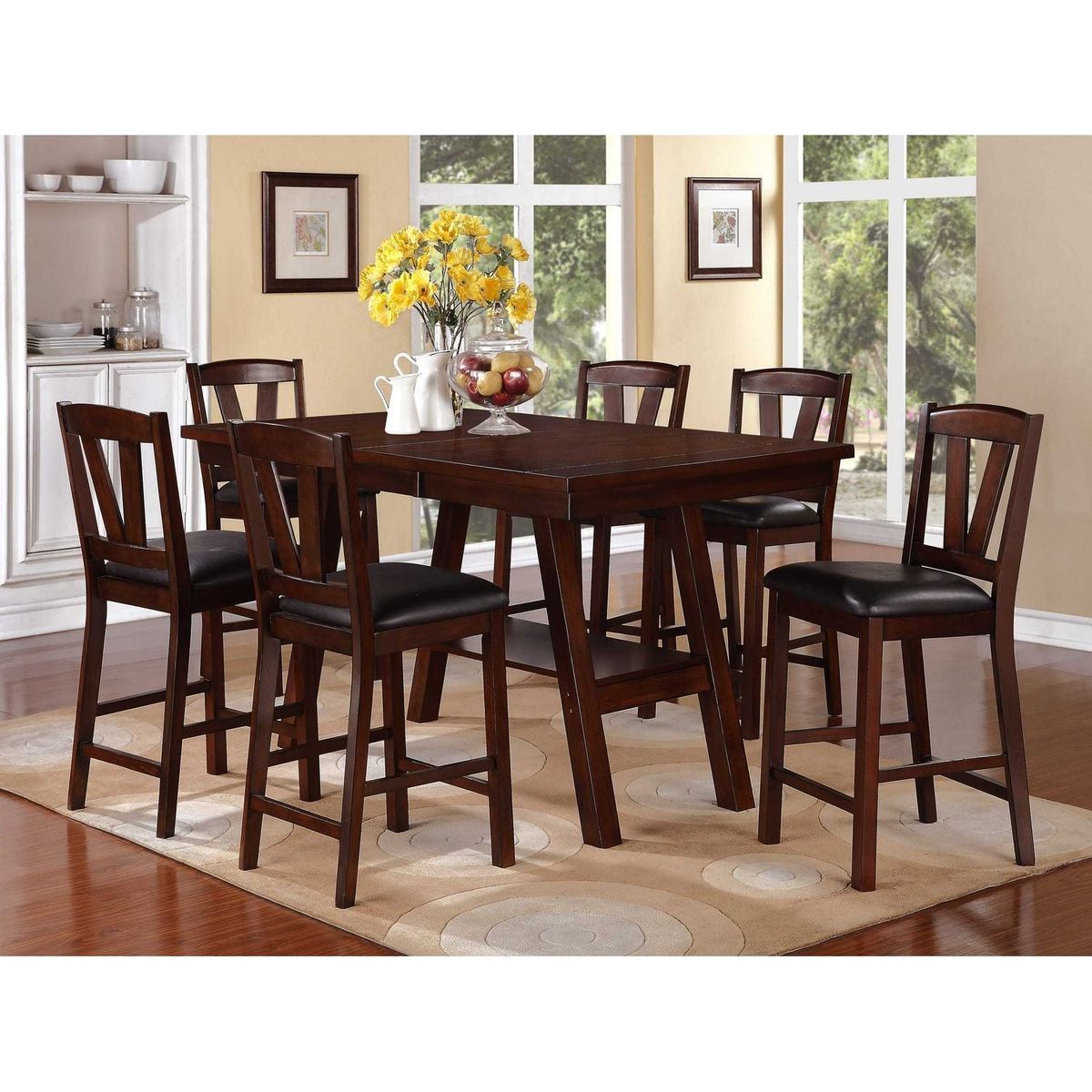 Dark Walnut Wood Framed Back Set of 2 Counter Height Dining Chairs Breakfast Kitchen Cushion Seats