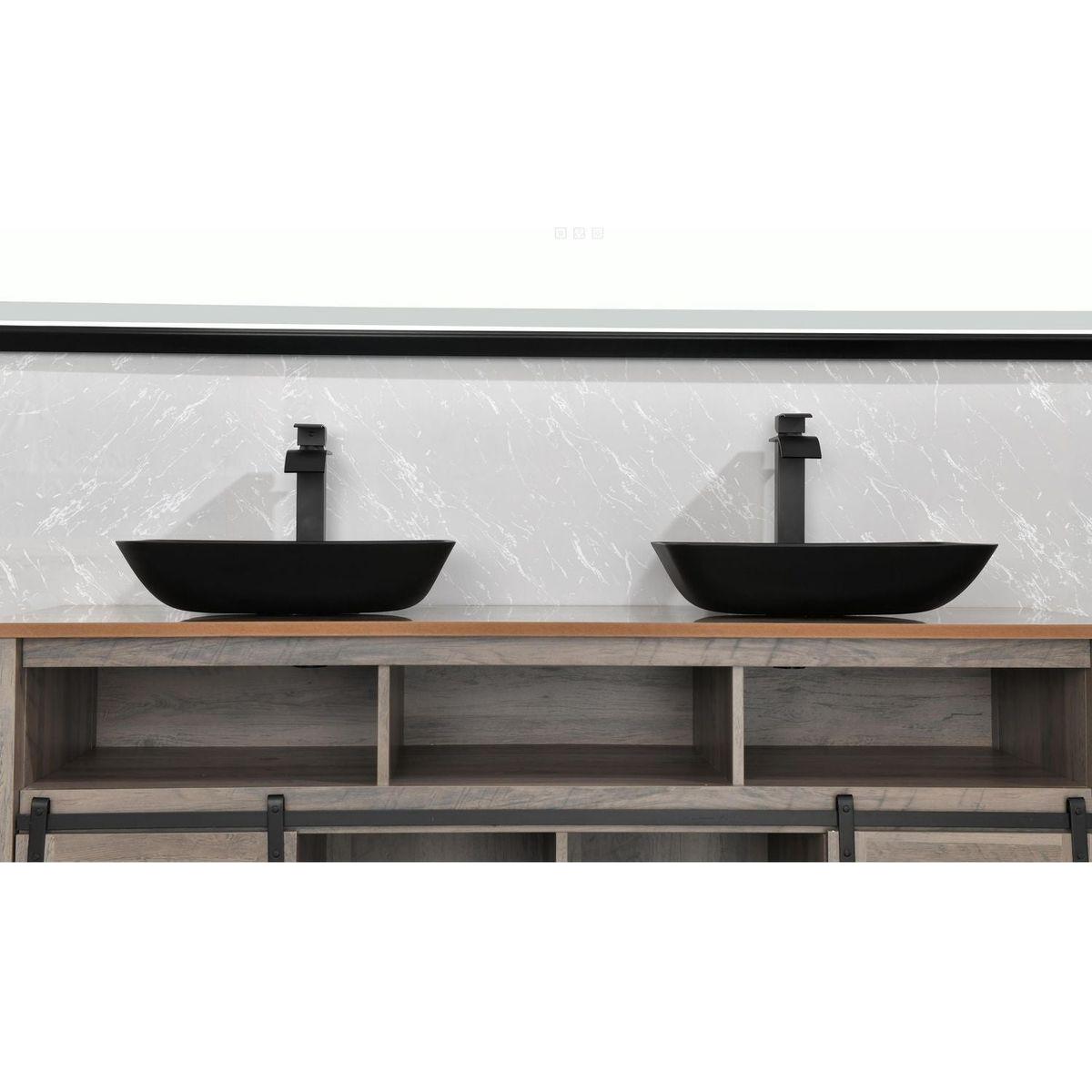 13.0" L -18.13" W -4" H Matte Shell Glass Rectangular Vessel Bathroom Sink in Black with Matte Black Faucet and Pop-Up Drain in Matte Black