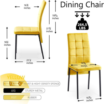 Yellow Velvet High Back Nordic Dining Chair Modern Fabric Chair with Black Legs, Set Of 2