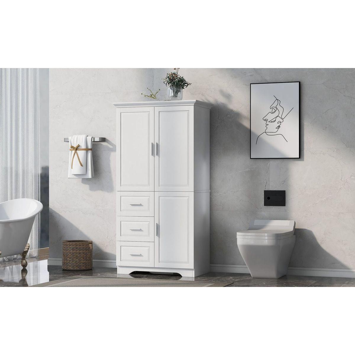 Tall and Wide Storage Cabinet with Doors for Bathroom/Office, Three Drawers, White