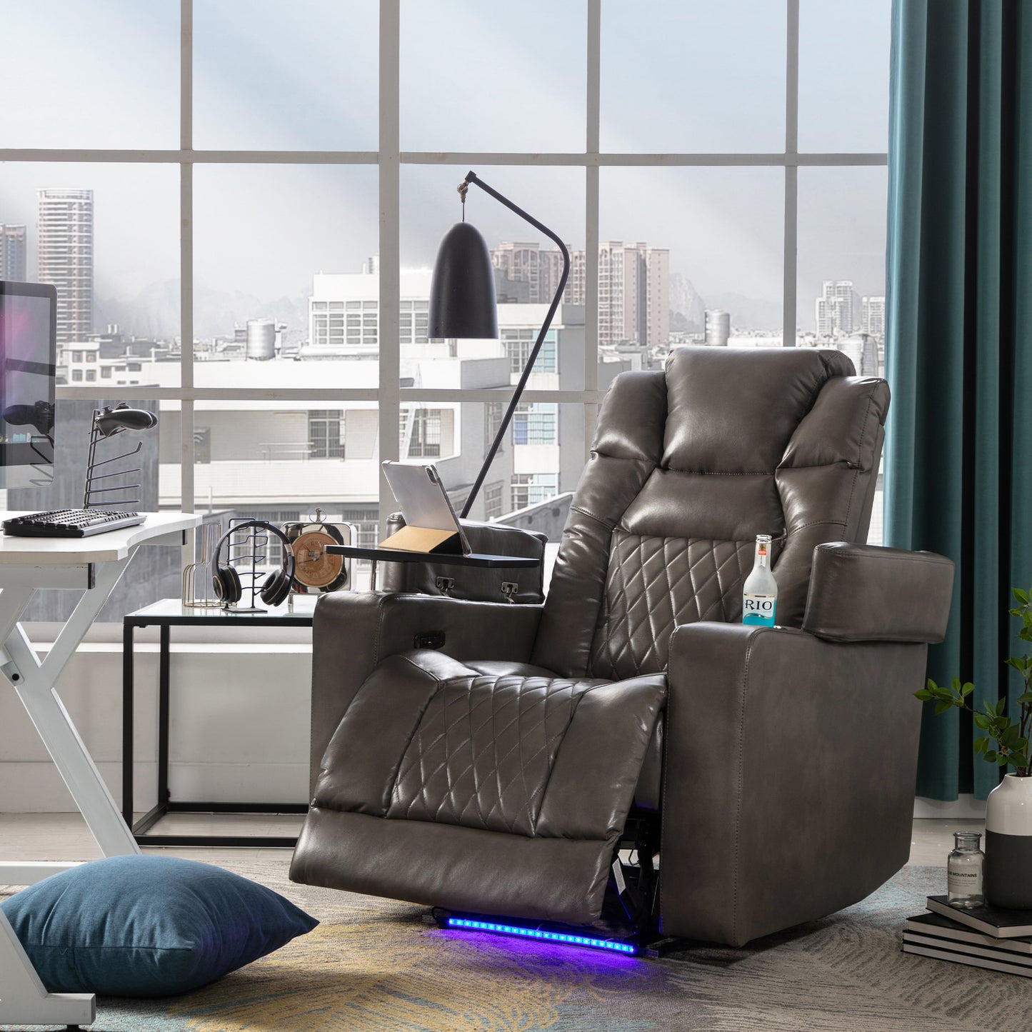 Power Motion Recliner with USB Charging Port and Hidden Arm Storage, Home Theater Seating with 2 Convenient Cup Holders Design and 360 degree Swivel Tray Table