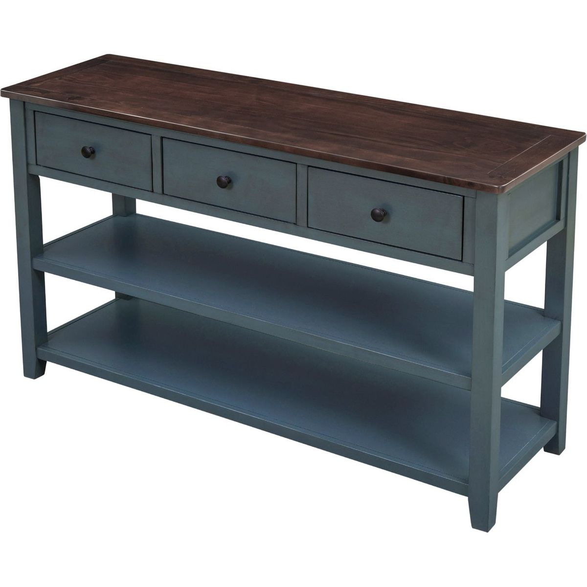 Retro Design Console Table with Two Open Shelves, Pine Solid Wood Frame and Legs for Living Room (Navy) - Streamdale Furniture