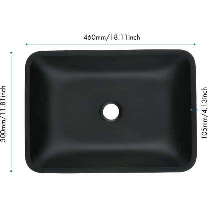 13.0" L -18.13" W -4" H Matte Shell Glass Rectangular Vessel Bathroom Sink in Black with Matte Black Faucet and Pop-Up Drain in Matte Black