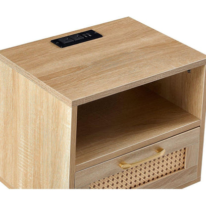 15.75" Rattan End table with Power Outlet & USB Ports, Modern nightstand with drawer and solid wood legs, side table for living roon, bedroom, natural