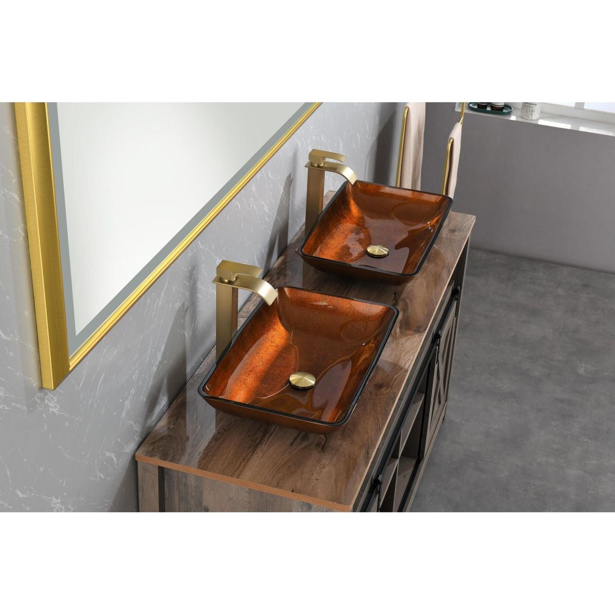 22.5" L -L -14.5" W -4 1/2 in. Handmade Glass Rectangle Vessel Bathroom Sink Set in Rich Chocolate Brown Finish with gold Faucet and gold Pop Up Drain