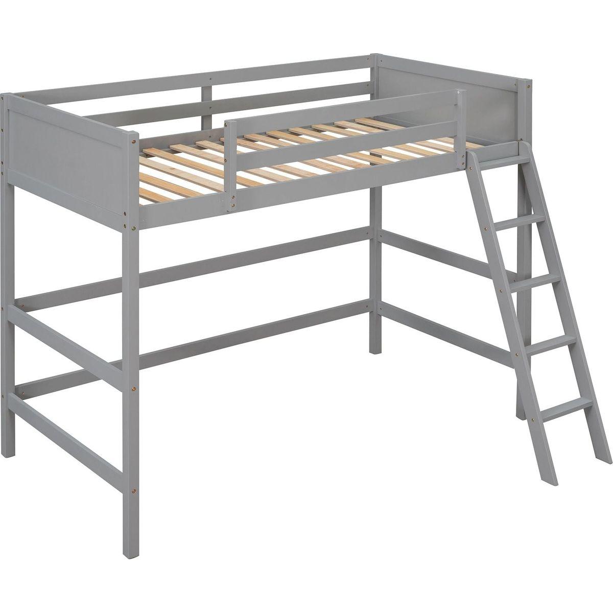 Solid Wood Twin Size Loft Bed with Ladder (Gray)