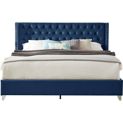 King bed, Button designed Headboard, strong wooden slats + metal legs with Electroplate