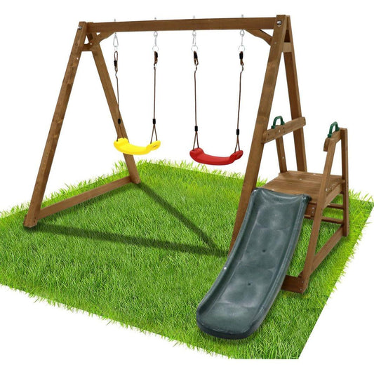 Wood Swing Set for Backyard, 2 in 1 Outdoor Swing Set with Slide, Climbing Rope Ladder Kids Backyard Playset