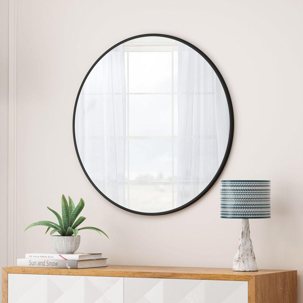 48" Wall Mounted Black Circular Mirror, for Bathroom, Living Room, Bedroom Wall Decor