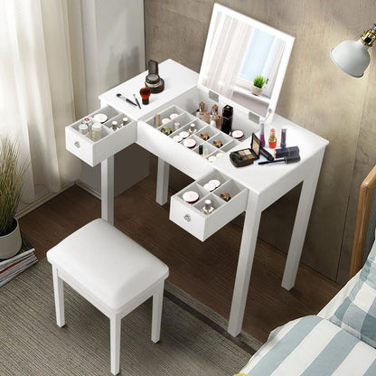 Accent White Vanity Table with Flip-Top Mirror and 2 Drawers, Jewelry Storage for Women Dressing