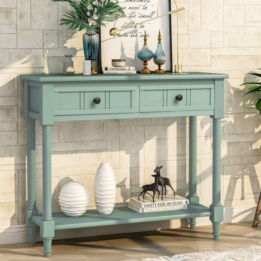 Daisy Series Console Table Traditional Design with Two Drawers and Bottom Shelf Acacia Mangium (Retro blue)