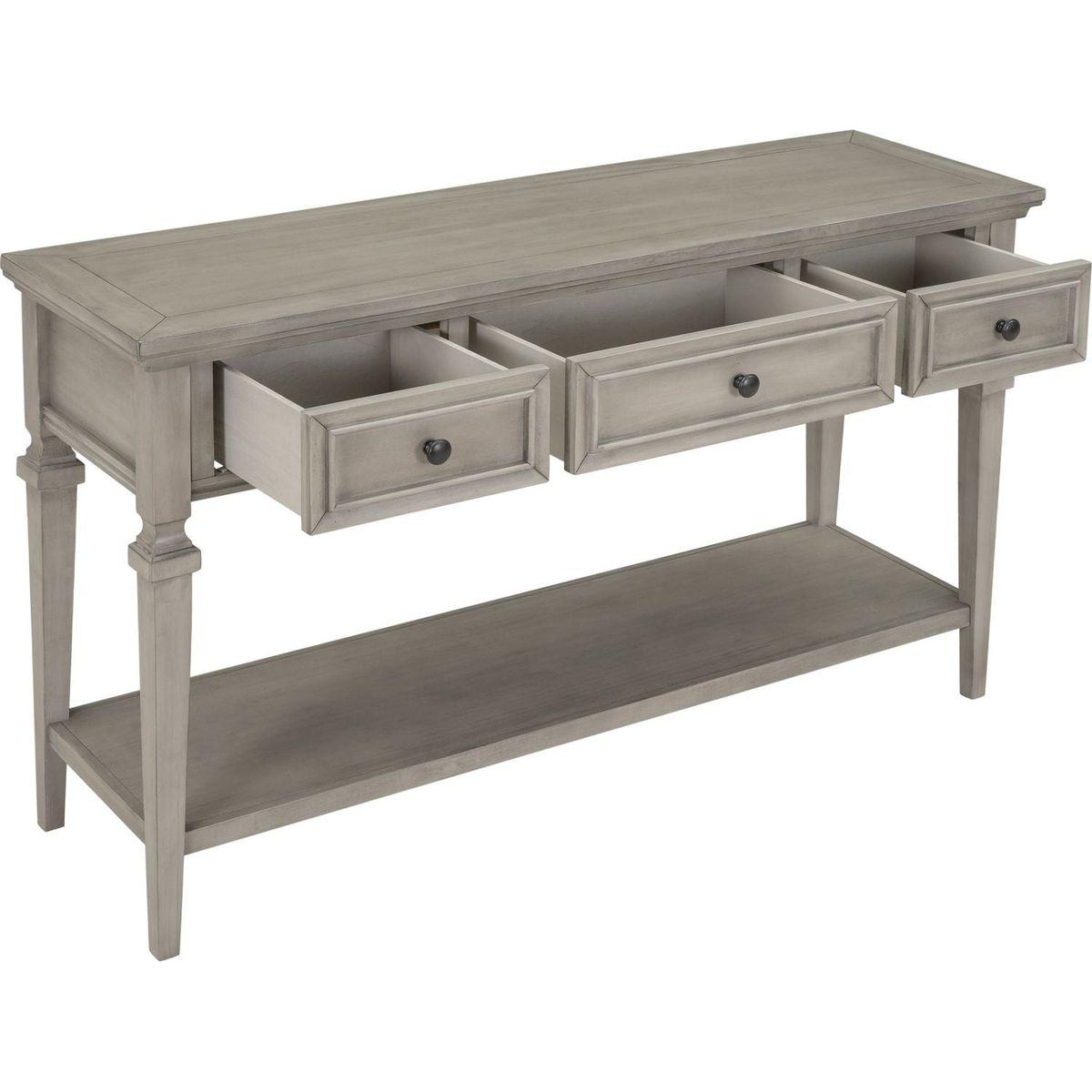 Classic Retro Style Console Table with Three Top Drawers and Open Style Bottom Shelf, Easy Assembly (Gray Wash)