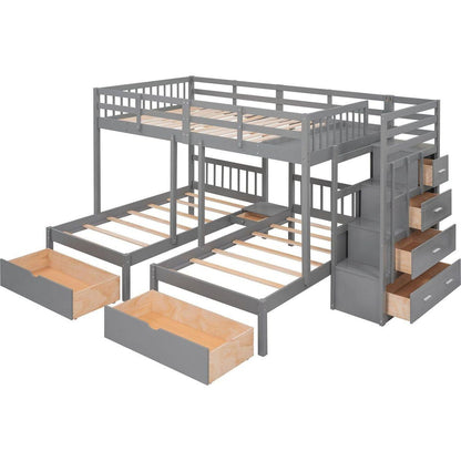Full Over Twin & Twin Bunk Bed, Wood Triple Bunk Bed with Drawers and Guardrails (Gray)