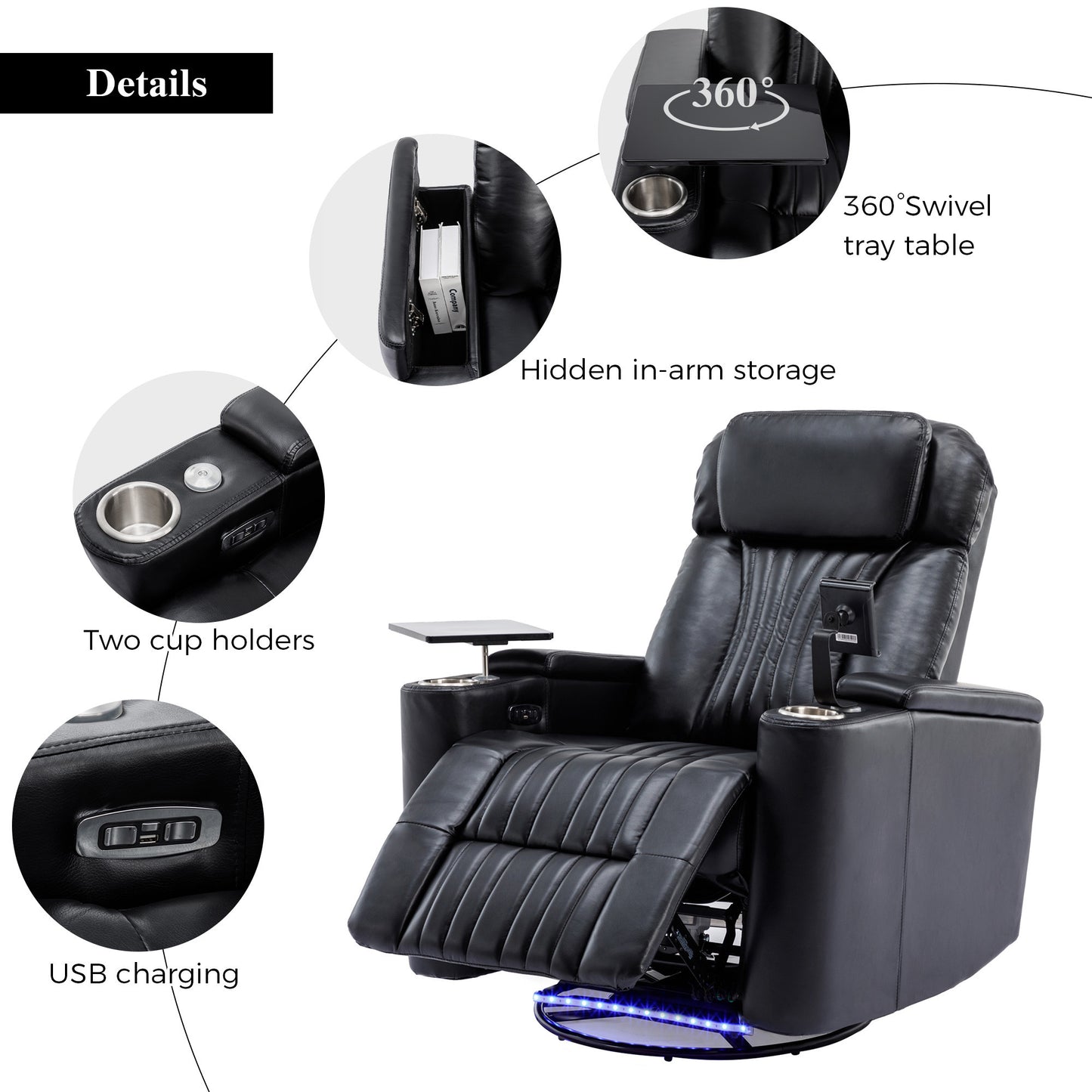 270 degree Power Swivel Recliner, Home Theater Seating With Hidden Arm Storage and LED Light Strip, Cup Holder, 360 degree Swivel Tray Table, and Cell Phone Holder, Soft Living Room Chair, Black