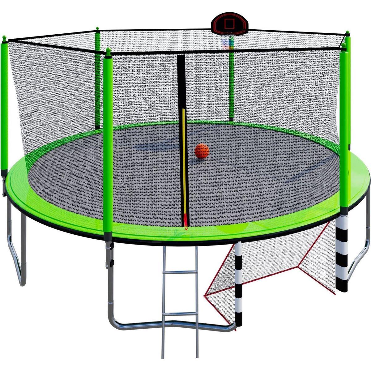 16FT Trampoline with Basketball Hoop pump and Ladder(Inner Safety Enclosure) with soccer goal Green