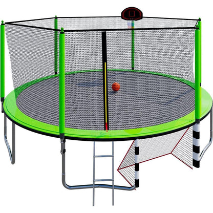 16FT Trampoline with Basketball Hoop pump and Ladder(Inner Safety Enclosure) with soccer goal Green